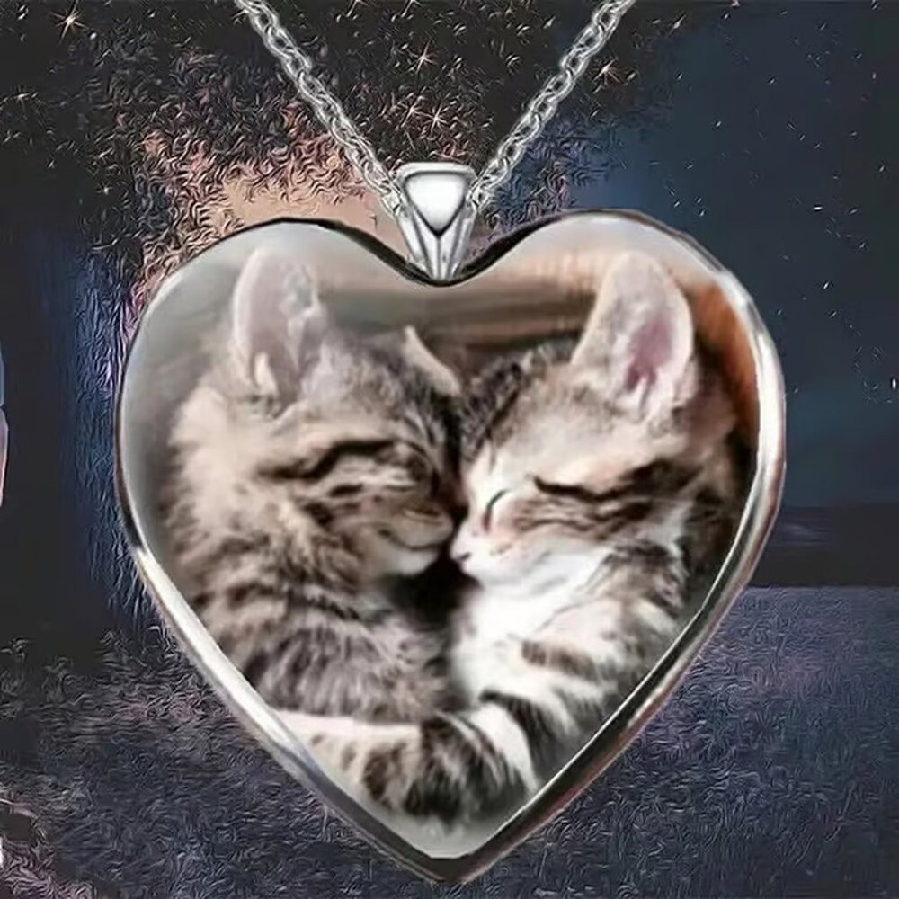Silver Heart Shaped KITTY CAT Pendant Necklace